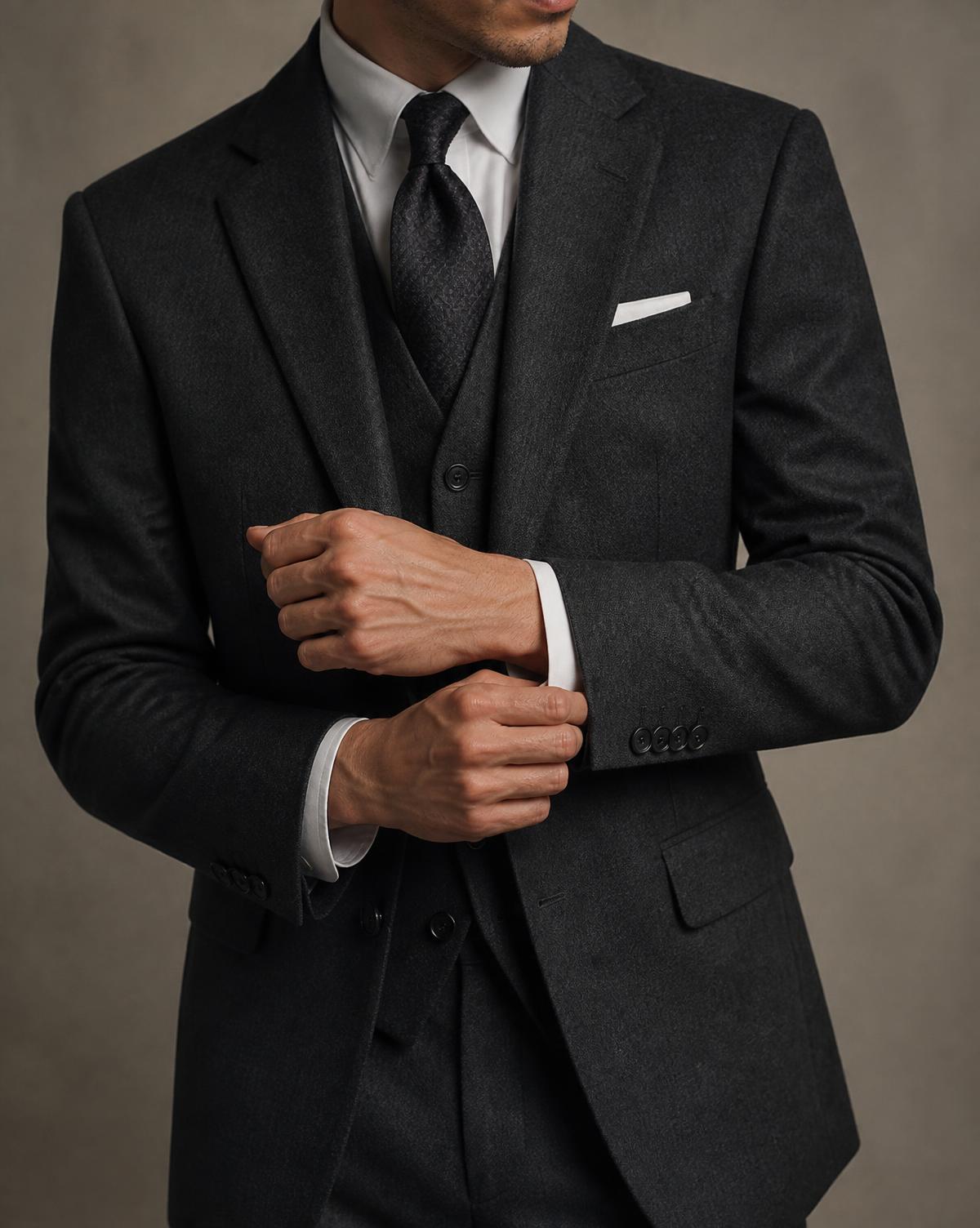 Man in a charcoal three-piece bespoke suit adjusting his cuff
