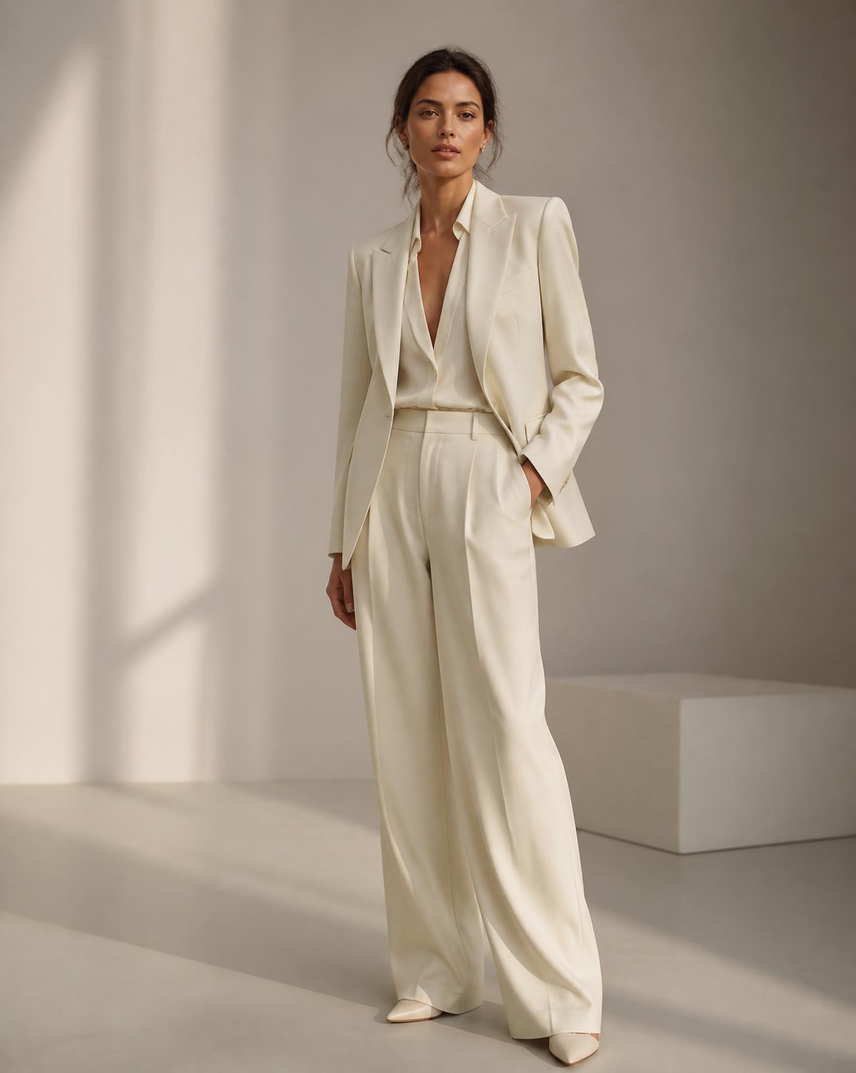 Woman in a cream tailored trouser suit